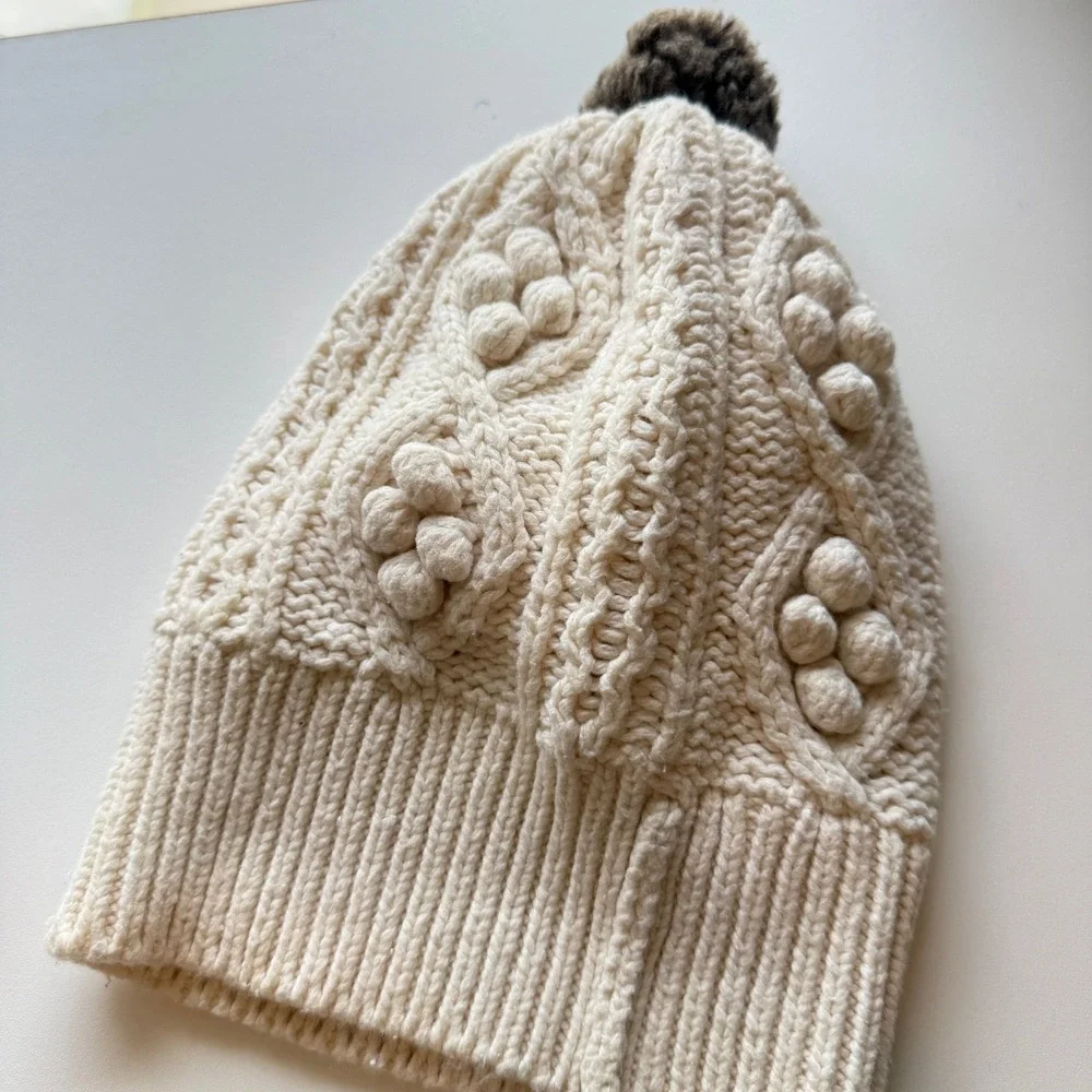 Baby Gap Toddler Cream Cable Knit Popcorn Bobble Beanie Hat 4-5 Years Pom-Pom